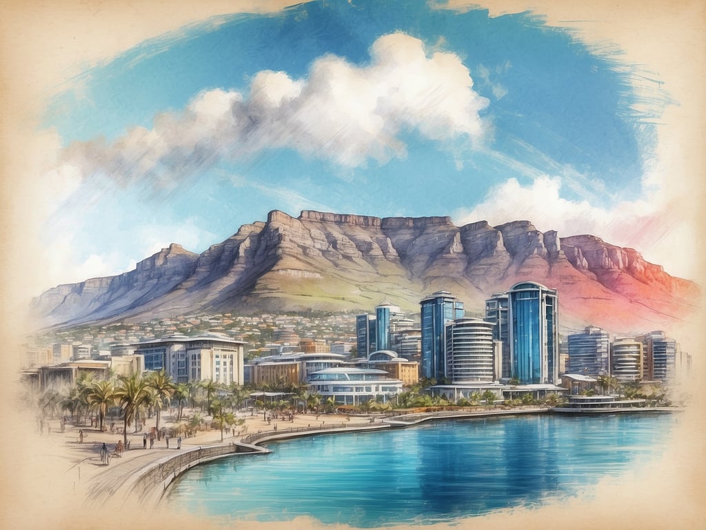 Auf dem Bild ist eine Stadtlandschaft mit modernen Gebäuden und einem Wasserlauf im Vordergrund zu sehen, flankiert von Bergen, die teilweise bewaldet sind. Was ist die größte Stadt in Südafrika? Die größte Stadt in Südafrika ist Johannesburg.