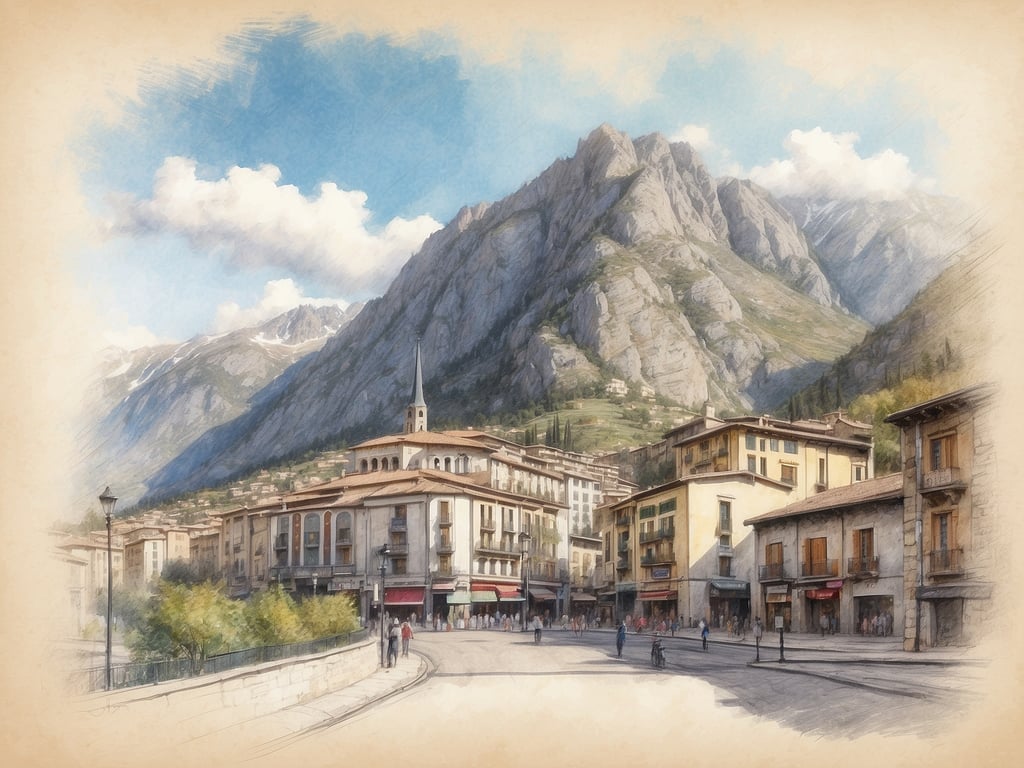 Auf dem Bild ist eine malerische Stadtansicht zu sehen, umgeben von Bergen. Die Architektur der Gebäude wirkt historisch, und es scheint reges Treiben auf der Straße zu geben. 

Die Hauptstadt von Andorra ist Andorra la Vella.