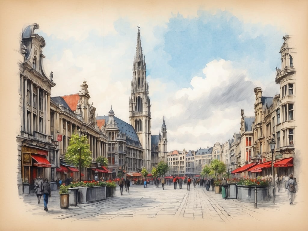 Auf dem Bild ist eine malerische Stadtstraße mit historischen Gebäuden und einer belebten Atmosphäre zu sehen. Es gibt einige Bäume und Blumenbeete, und die Leute schlendern durch die Straße. In der Ferne steht ein hoher Turm, der wahrscheinlich ein Wahrzeichen ist.

Was ist die Hauptstadt von Belgien? Die Hauptstadt von Belgien ist Brüssel.
