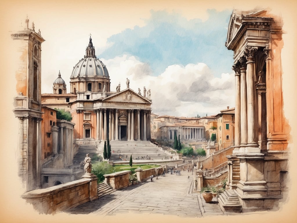 Auf dem Bild ist eine malerische Ansicht einer historischen Stadtlandschaft mit antiken Gebäuden und Treppen zu sehen. Was ist die Hauptstadt von Italien? Roma.