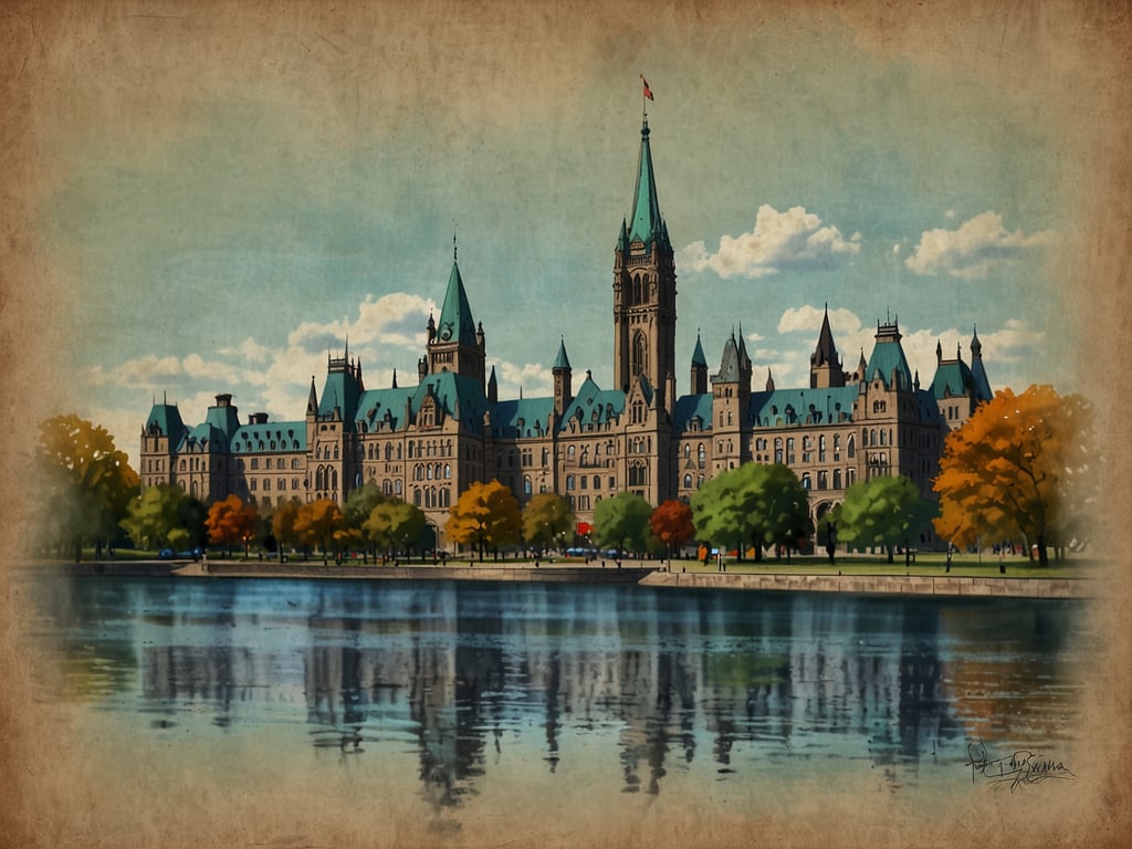 Auf dem Bild ist ein historisches Gebäude zu sehen, das wahrscheinlich das Parlament in Ottawa, Kanada, darstellt. Die Hauptstadt von Kanada ist Ottawa.