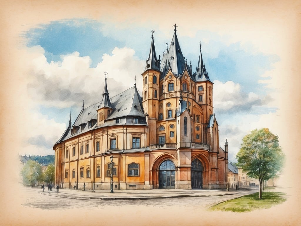 Auf dem Bild ist ein historisches Gebäude zu sehen, das architektonisch ansprechend gestaltet ist, mit spitzen Dächern und vielen Fenstern. Es scheint sich um ein städtisches oder möglicherweise ein kirchliches Gebäude zu handeln.

Was ist die Mitte von Deutschland? Das ist die Stadt Niederaula, in Hessen gelegen, und sie gilt als geographischer Mittelpunkt von Deutschland.