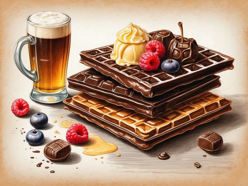 Auf dem Bild sind Waffeln, eine Tasse Bier und verschiedene Früchte sowie Schokolade zu sehen. 

Typisch für Belgien sind die berühmten belgischen Waffeln, die in verschiedenen Varianten serviert werden und oft mit Schokolade, Sahne oder Früchten belegt sind. Außerdem ist Belgien bekannt für seine Vielfalt an Biersorten, die oft handwerklich gebraut werden. Belgische Schokolade ist ebenfalls weltweit renommiert und wird häufig in Kombination mit Desserts angeboten.