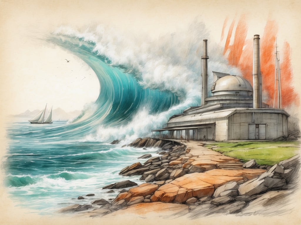 Auf dem Bild ist eine futuristische, industrielle Anlage an der Küste zu sehen, vor der sich ein riesiger Wellenbrecher durch das Wasser schiebt. Im Hintergrund ist ein Segelboot zu erkennen, das in Richtung der Welle fährt. Die Anlage hat mehrere Schornsteine und eine kuppelartige Struktur. Der Himmel zeigt verschiedene Farbtöne, möglicherweise durch ein nahegelegenes Naturphänomen beeinflusst. Was ist Watt in der Nordsee? Das Watt ist ein einzigartiges Ökosystem, das bei Ebbe freigelegt wird und eine wichtige Lebensgrundlage für viele Tierarten bietet.