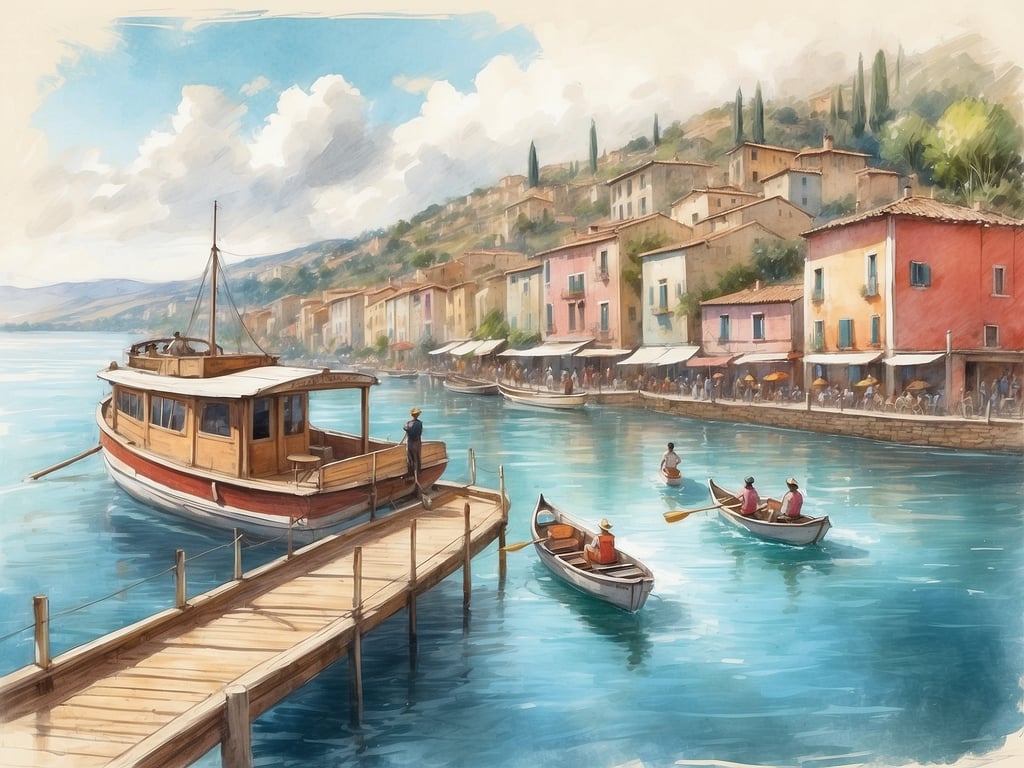 Auf dem Bild ist eine malerische Uferlandschaft am Gardasee zu sehen, mit einem hölzernen Steg, einem Boot und einigen Kanufahrern. 

Am Gardasee kann man eine Vielzahl von Aktivitäten unternehmen. Dazu gehören:

1. **Wassersport**: Segeln, Windsurfen und Stand-Up-Paddling sind sehr beliebt.
2. **Wandern**: Es gibt zahlreiche Wanderwege mit herrlichem Blick auf den See und die Berge.
3. **Radfahren**: Radwege rund um den See bieten verschiedene Schwierigkeitsgrade.
4. **Kultur**: Besuchen Sie charmante Dörfer wie Limone, Sirmione oder Malcesine mit ihren historischen Sehenswürdigkeiten.
5. **Essen und Trinken**: Genießen Sie die lokale Küche in den vielen Restaurants am See.

Der Gardasee bietet somit eine perfekte Mischung aus Natur, Aktivität und Kultur.