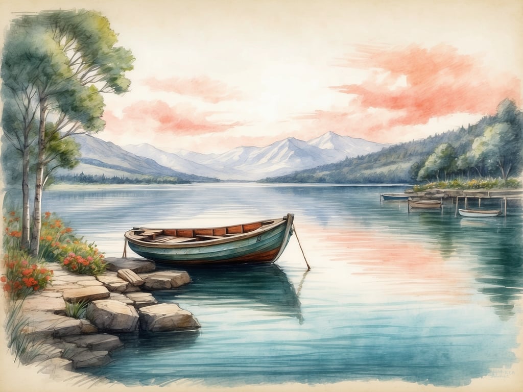 Auf dem Bild ist eine ruhige Seenlandschaft mit einem Boot zu sehen, das an einem Ufer festgemacht ist. Im Hintergrund erheben sich majestätische Berge, und der Himmel hat einen sanften Farbverlauf.

Am Lago Maggiore kann man viele Aktivitäten genießen, darunter:

1. **Wanderungen**: Es gibt zahlreiche Wanderwege mit atemberaubenden Ausblicken auf den See und die Berge.
2. **Bootstouren**: Man kann Bootsfahrten unternehmen, um die malerischen Inseln und Ufer des Sees zu erkunden.
3. **Schwimmen und Wassersport**: An verschiedenen Stränden kann man schwimmen, Kajak fahren oder Stand-Up-Paddling ausprobieren.
4. **Besuch von Gärten und Villen**: Die Borromäischen Inseln beherbergen wunderschöne Gärten und historische Villen.
5. **Kulinarische Genuss**: In den Restaurants entlang des Sees kann man die regionale Küche probieren, insbesondere Fischgerichte.
6. **Fahrradfahren**: Es gibt Radwege, die entlang des Sees führen und die reizvolle Landschaft zeigen.