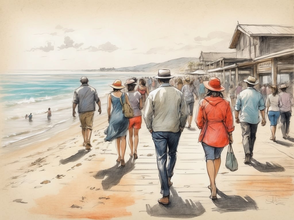 Auf dem Bild sieht man eine Gruppe von Personen, die einen Strand entlang spazieren. Die Menschen tragen Sommerkleidung und Hüte, was auf warmes Wetter hinweist. Einige sind am Wasser, während andere am Ufer entlang gehen.

Was kann man an der Nordsee machen? 

An der Nordsee kann man wunderbar spazieren gehen, frische Seeluft genießen und die schönen Strände erkunden. Es gibt zahlreiche Möglichkeiten für Wassersportarten wie Windsurfen oder Kitesurfen. Außerdem kann man bei einer Wattwanderung das UNESCO-Weltkulturerbe Wattenmeer entdecken, traditionelle Fischmärkte besuchen oder in den charmanten Küstenorten relaxen und regionale Spezialitäten probieren.