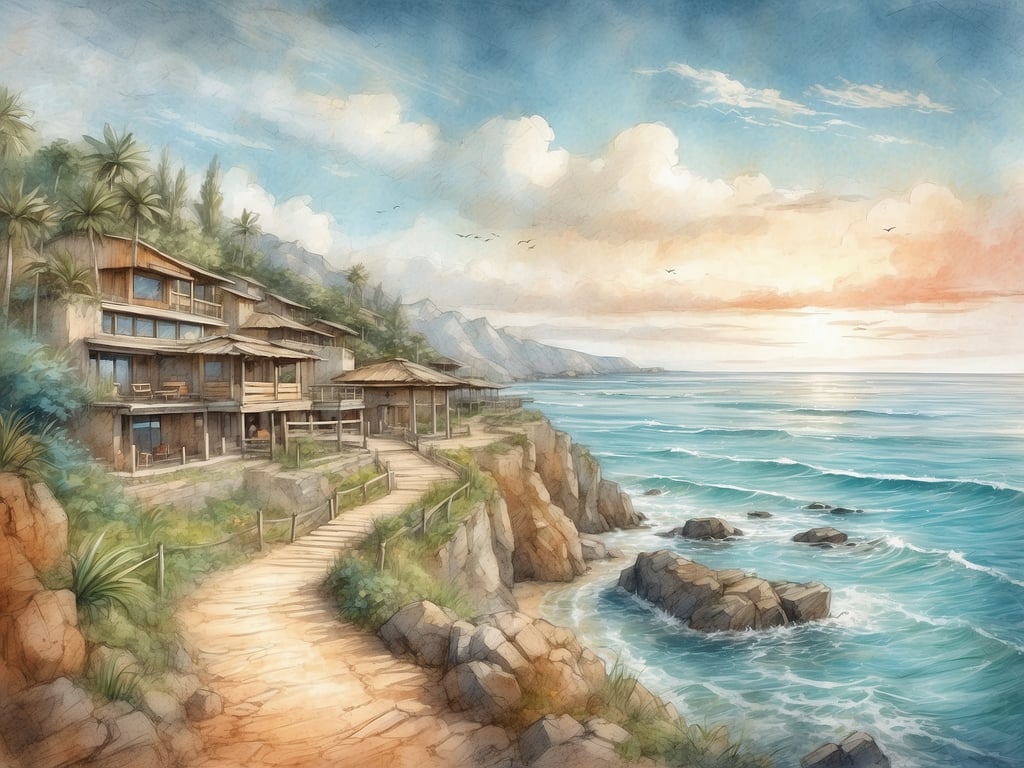 Auf dem Bild sieht man eine malerische Küstenlandschaft mit einem Pfad, der zu mehreren modernen Häusern führt. Die Umgebung scheint tropisch zu sein, mit Palmen und einer schönen Aussicht auf das Meer und die Berge.

Auf den Kapverden kann man viele Aktivitäten genießen, darunter:

1. **Strandurlaub**: Entspannen an den wunderschönen Stränden wie Santa Maria auf Sal oder Praia de Chaves auf Boa Vista.
2. **Wassersport**: Tauchen, Schnorcheln und Windsurfen in den klaren Gewässern.
3. **Wanderungen**: Erkunden der vulkanischen Landschaften auf Inseln wie Fogo und Santo Antão.
4. **Kultur erleben**: Besuch von Städten wie Mindelo, bekannt für ihre Musik und lokale Festivals.
5. **Gastronomie genießen**: Frische Meeresfrüchte und lokale Spezialitäten probieren.
6. **Bootsausflüge**: Halbtages- oder Ganztagesausflüge zu entlegenen Stränden und Inseln.

Die Kapverden bieten also eine Vielzahl von Möglichkeiten für Abenteuer und Entspannung!
