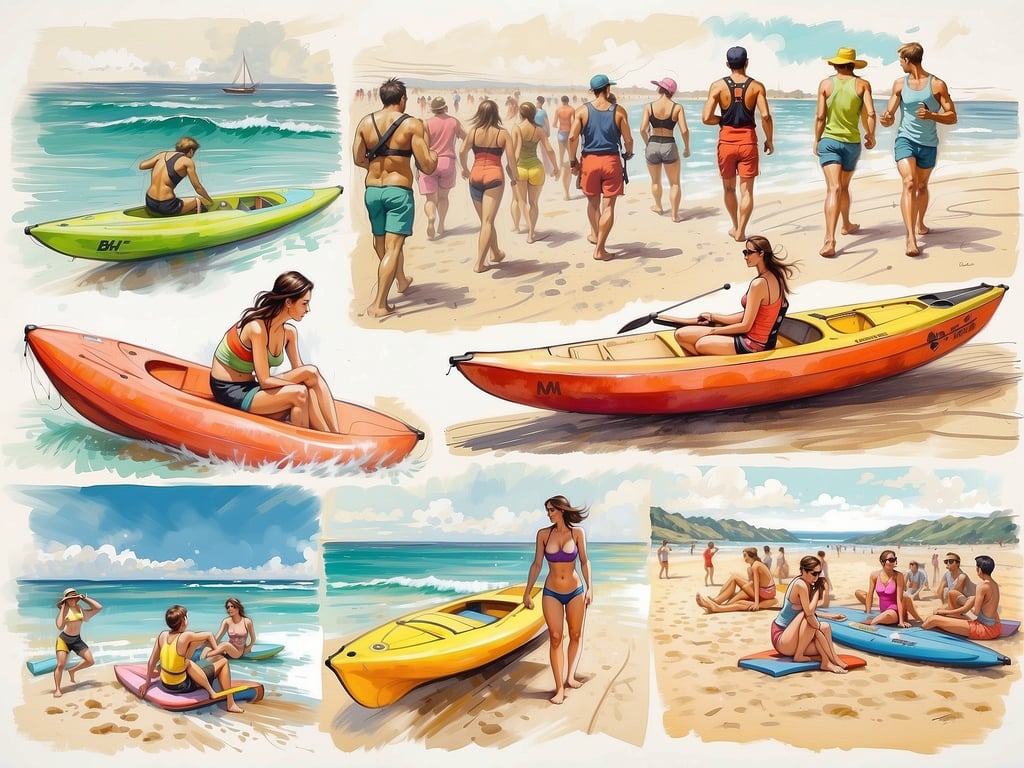 Auf dem Bild sind verschiedene Aktivitäten am Strand und auf dem Wasser zu sehen. Es zeigt Menschen, die Kajak fahren, am Strand spazieren gehen, am Wasser entspannen und sich mit Freunden treffen.

In Grömitz kann man ebenfalls viele Aktivitäten unternehmen. Dazu gehören:

1. **Wassersport**: Kajakfahren, Stand-Up-Paddling oder Windsurfen sind beliebte Optionen.
2. **Strandbesuche**: Die schönen Strände laden zum Sonnenbaden und Schwimmen ein.
3. **Radfahren**: Es gibt viele Radwege entlang der Küste.
4. **Spaziergänge**: Promenaden und Wanderwege bieten tolle Ausblicke auf die Ostsee.
5. **Aquarium**: Das Grömitzer Seebrücke Aquarium ist ein weiterer interessanter Ort zu besuchen.
6. **Restaurants und Cafés**: Genießen Sie frische Meeresfrüchte und andere regionale Spezialitäten.

Die Möglichkeiten sind vielfältig und bieten für jeden etwas!