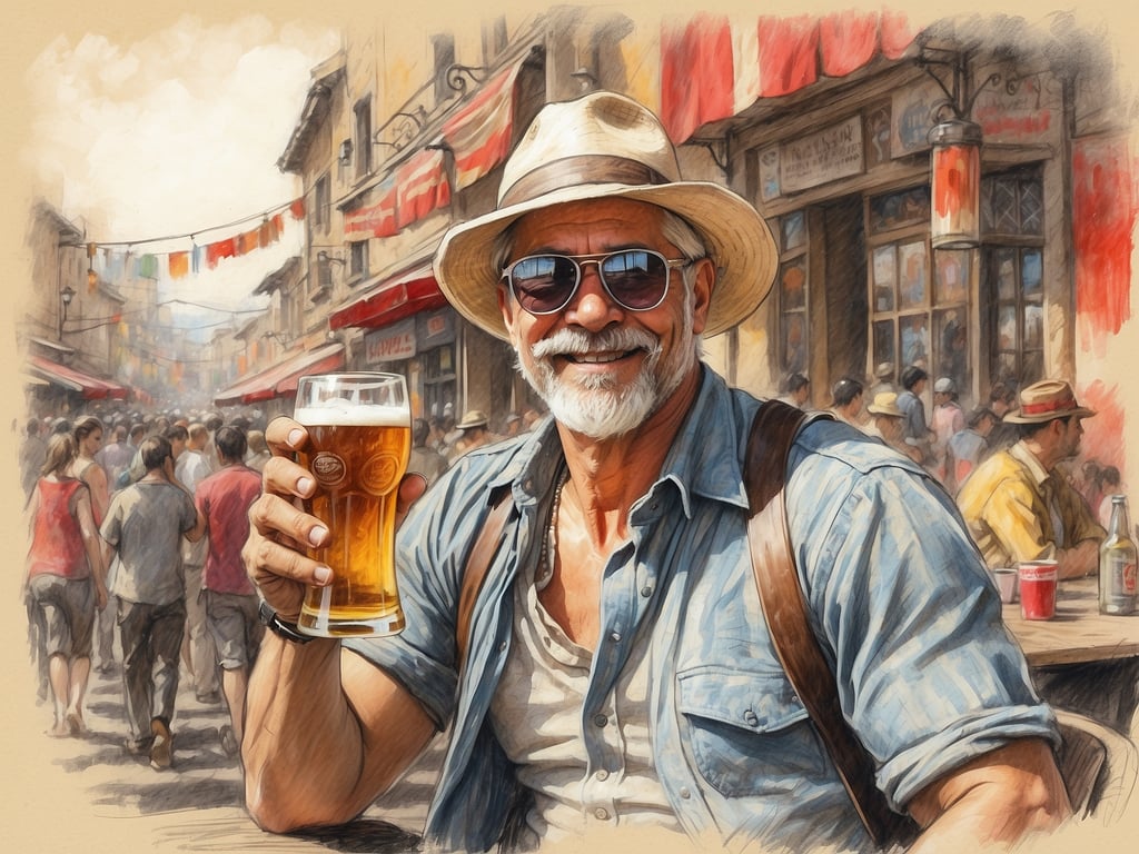 Auf dem Bild ist ein lächelnder älterer Mann zu sehen, der ein Bier in der Hand hält und in einer belebten Umgebung mit Menschen und Gastronomie im Hintergrund steht. 

In München kann man viele ähnliche Erlebnisse genießen. Man könnte beispielsweise die berühmten Biergärten besuchen, wie den Englischen Garten oder den Hofbräuhaus, wo man bayerisches Bier und traditionelle Speisen genießen kann. Außerdem bietet die Stadt zahlreiche kulturelle Veranstaltungen, Museen und historische Sehenswürdigkeiten, die einen Besuch wert sind.