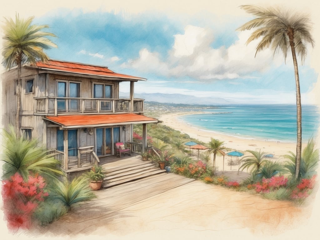 Auf dem Bild ist ein malerisches Haus zu sehen, das an einem Hang steht und einen Blick auf das Meer und den Strand bietet. Um das Haus herum wachsen Palmen und Blumen, was eine tropische Atmosphäre schafft. 

Was kostet ein Urlaub in Grömitz? Die Preise variieren je nach Saison, Unterkunft und Buchungszeitpunkt. Im Durchschnitt kann man mit etwa 70 bis 150 Euro pro Nacht für Hotels rechnen. Ferienwohnungen sind oft günstiger, während zudem noch weitere Kosten wie Essen und Aktivitäten berücksichtigt werden sollten.