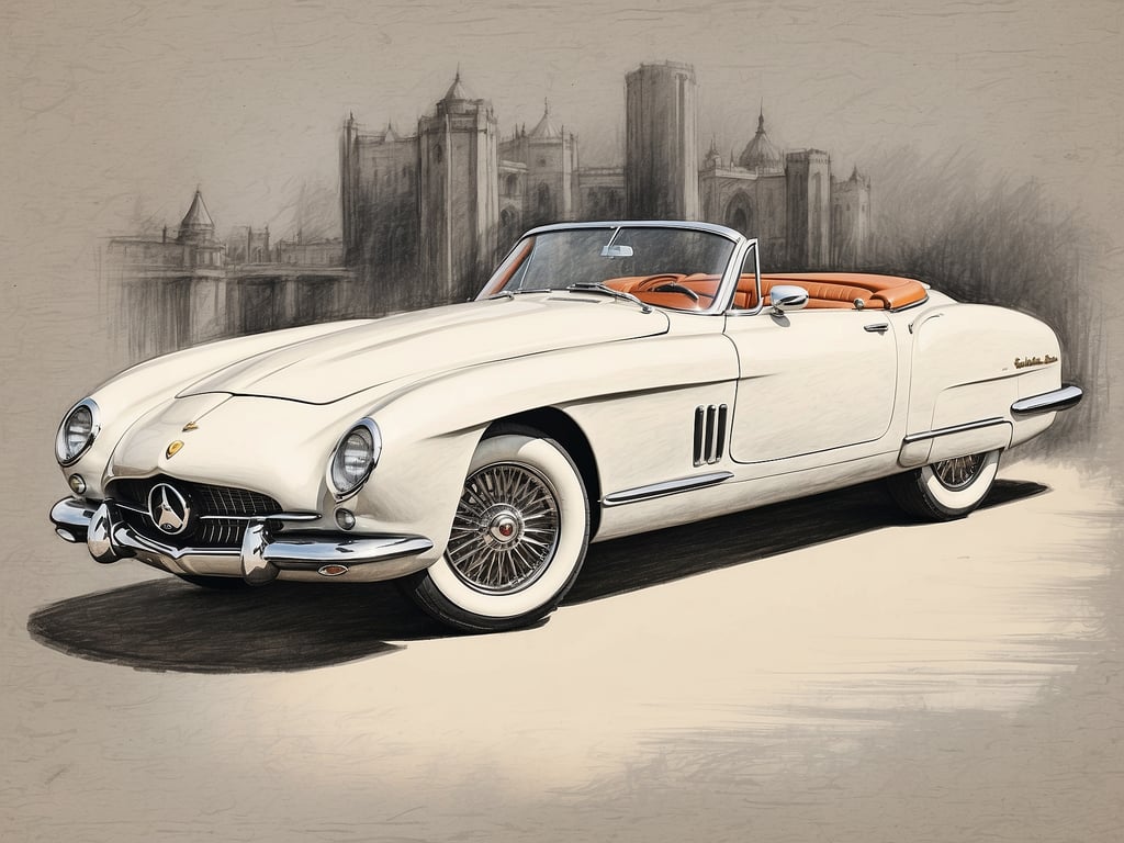 Auf dem Bild ist ein klassischer, weißer Sportwagen zu sehen, vermutlich ein Oldtimer. Was kostet eine Kreuzfahrt?