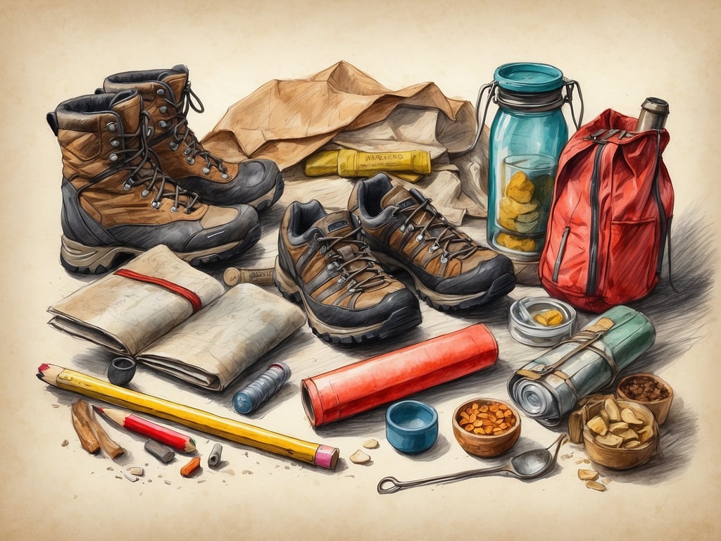Auf dem Bild sind verschiedene Gegenstände zu sehen, die für eine Wanderung nützlich sein können. Was in den Rucksack für eine Wanderung sollte:

1. **Wanderschuhe** - Gut isolierte und bequeme Schuhe sind wichtig.
2. **Wasserflasche** - Für die Flüssigkeitszufuhr unterwegs.
3. **Snacks** - Energieriegel oder Nüsse für eine kleine Stärkung.
4. **Karten und Kompass** - Zur Orientierung auf den Wanderwegen.
5. **Notizbuch und Stift** - Um Eindrücke festzuhalten oder wichtige Notizen zu machen.
6. **Erste-Hilfe-Set** - Für kleine Verletzungen oder Notfälle.
7. **Taschenlampe** - Falls die Wanderung länger dauert und es dunkel wird.

Diese Gegenstände helfen dabei, die Wanderung sicher und angenehm zu gestalten.