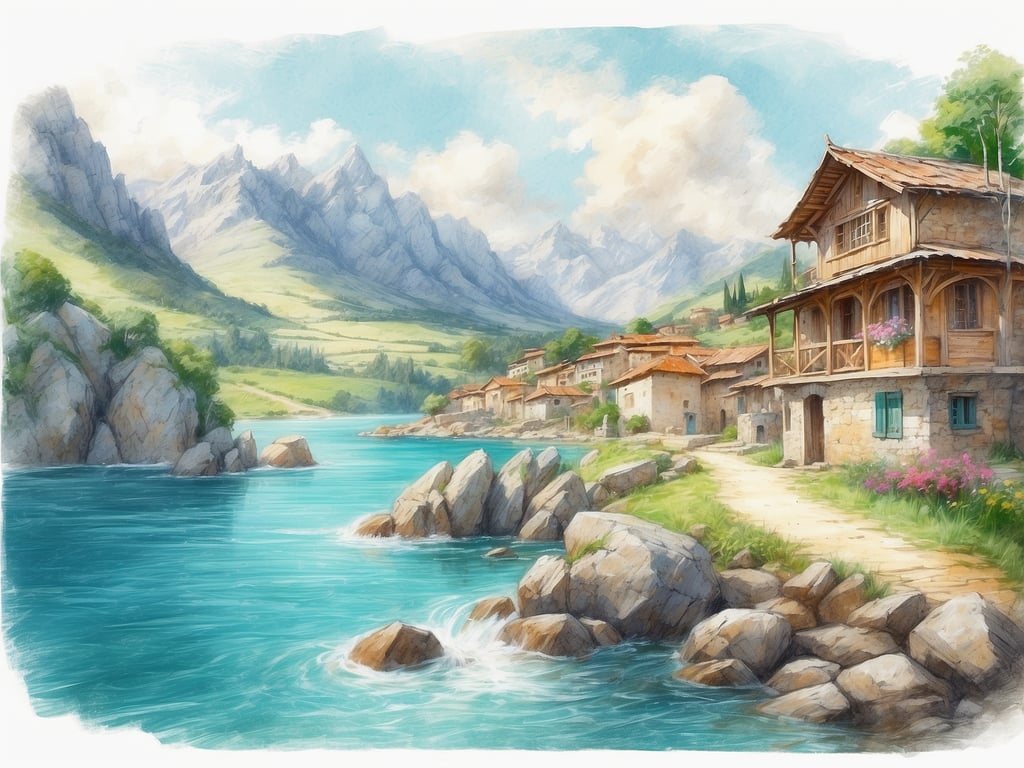 Auf dem Bild ist eine malerische Landschaft zu sehen, die von Bergen, klarem Wasser und charmanten, rustikalen Gebäuden geprägt ist. 

Am Gardasee sollte man unbedingt die folgenden Orte und Aktivitäten gesehen haben:

1. **Sirmione**: Die historische Altstadt mit der Scaligerburg und den Therme di Sirmione.
2. **Riva del Garda**: Eine wunderschöne Stadt mit tollen Wanderwegen und Wassersportmöglichkeiten.
3. **Malcesine**: Der Seilbahnauffahrt zum Monte Baldo bietet atemberaubende Ausblicke.
4. **Limone sul Garda**: Berühmt für seine Zitronenhaine und malerischen Gassen.
5. **Gardaland**: Der bekannteste Freizeitpark Italiens für Spaß und Unterhaltung.

Diese Orte bieten eine perfekte Mischung aus Natur, Kultur und Abenteuer!