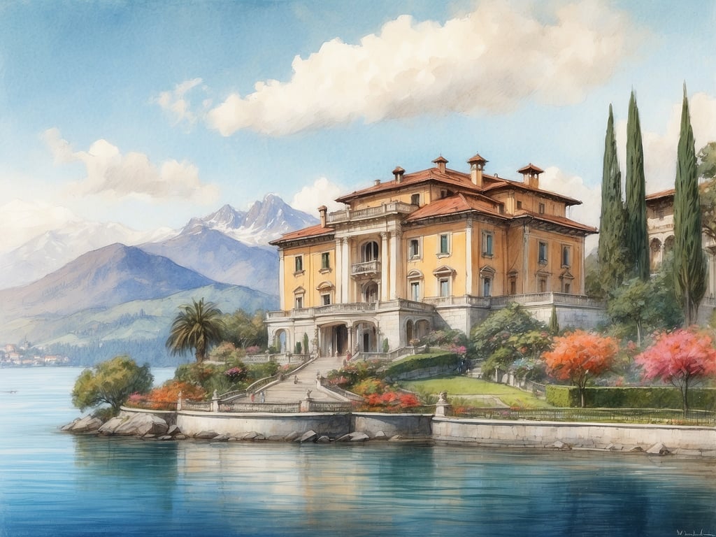Auf dem Bild ist eine beeindruckende Villa am Ufer des Lago Maggiore zu sehen, umgeben von üppigen Gärten und mit einem Blick auf die Berge im Hintergrund. 

Was man am Lago Maggiore gesehen haben muss, sind unter anderem:

1. **Die Borromäischen Inseln**: Eine Gruppe von drei schönen Inseln, die für ihre Gärten und historischen Villen bekannt sind.
2. **Stresa**: Eine charmante Stadt, die oft als Ausgangspunkt für Bootstouren zu den Inseln dient.
3. **Die Villa Taranto**: Ein botanischer Garten mit einer Vielzahl von Pflanzen und Blumen.
4. **Der Monte Mottarone**: Ein Aussichtspunkt mit fantastischem Blick auf den See und die umliegenden Berge.

Diese Orte bieten eine wunderbare Kombination aus Natur, Architektur und Kultur.