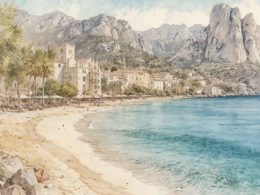 Auf dem Bild ist ein malerischer Strand mit sanften Wellen und einer schönen Küstenlinie zu sehen, flankiert von Bergen und Palmen. Die Architektur wirkt mediterran, mit charakteristischen weißen Häusern.

Was man auf Mallorca gesehen haben muss, sind neben den traumhaften Stränden und Buchten auch die beeindruckenden Serra de Tramuntana Berge, die Altstadt von Palma mit der Kathedrale La Seu, sowie die charmanten Dörfer wie Valldemossa und Sóller. Zudem sind die versteckten Buchten, wie die Cala Deià und die malerische Landschaft rund um das Naturreservat Mondragó, beliebte Ziele, die unvergleichliche Ausblicke und Erlebnisse bieten.