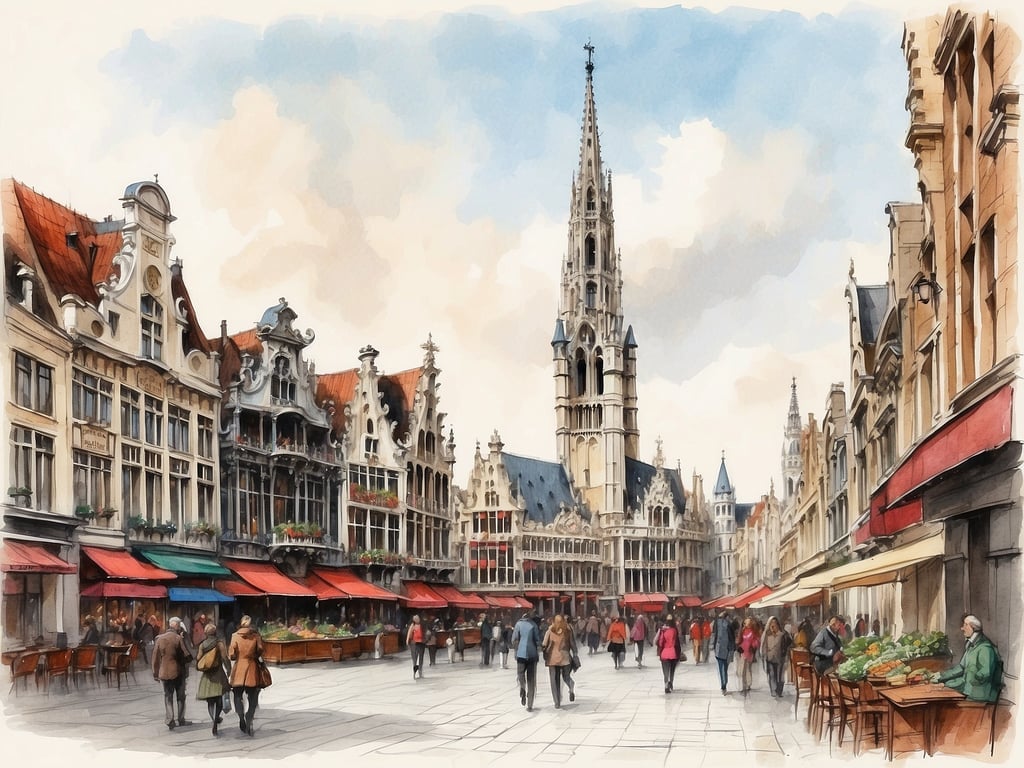 Auf dem Bild ist eine malerische Straßenansicht mit historischen Gebäuden und einem hohen Turm zu sehen. Es scheint ein belebter Platz zu sein, wo Menschen flanieren und Marktstände zu sehen sind.

In Belgien sollte man unbedingt den Grand Place in Brüssel gesehen haben. Dieser beeindruckende Platz ist von prächtigen Gildehäusern umgeben und ist ein UNESCO-Weltkulturerbe. Auch die Stadt Brügge mit ihren graziösen Kanälen und mittelalterlichen Bauwerken ist ein absolutes Muss. Ein weiteres Highlight ist die Kathedrale von Antwerpen, bekannt für ihre beeindruckende Architektur und Kunstschätze.