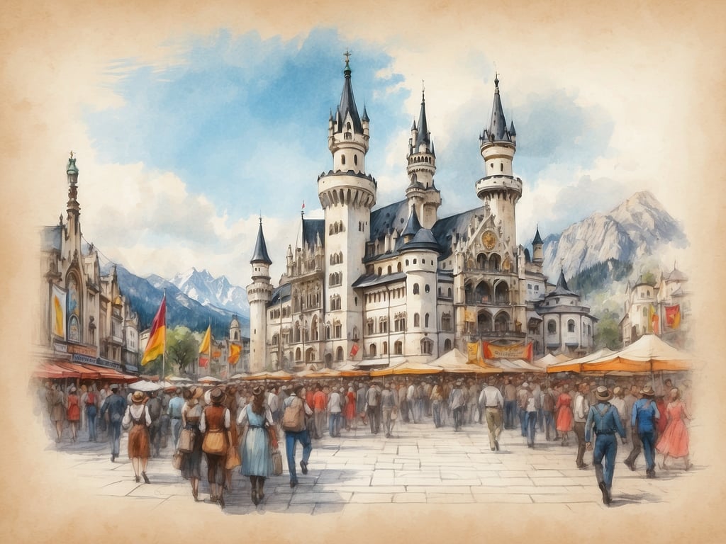Auf dem Bild ist ein malerisches Schloss mit Türmen und einer eindrucksvollen Architektur zu sehen, umgeben von Menschen auf einem Markt, der festlich und lebhaft wirkt. 

In München sollte man unbedingt die folgenden Sehenswürdigkeiten gesehen haben:

1. **Marienplatz** – Das Herz der Stadt mit dem Neuen Rathaus und dem Glockenspiel.
2. **Englischer Garten** – Einer der größten Stadtparks der Welt, ideal zum Entspannen.
3. **Frauenkirche** – Das Wahrzeichen Münchens mit seinen charakteristischen Türmen.
4. **BMW Museum** – Für Auto- und Technikfans ein absolutes Muss.
5. **Schloss Nymphenburg** – Eine wunderschöne Barockresidenz mit herrlichem Park.

Diese Orte bieten einen tollen Einblick in die Kultur und Geschichte Münchens.