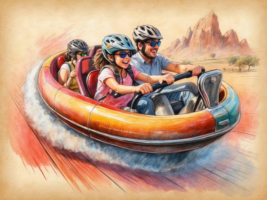 Auf dem Bild sind eine Familie oder Gruppe von Personen zu sehen, die in einem bunten Boot sitzen und offensichtlich eine spaßige Zeit erleben, während sie auf Wasser fahren. Sie tragen Helme und lachen, was auf ein aufregendes Abenteuer hindeutet.

Wenn man über Freizeitparks spricht, gehören zu den besten der Welt zum Beispiel:

1. **Walt Disney World** (Florida, USA) – Bekannt für seine vielen Attraktionen, Paraden und das Disney-Erlebnis.
2. **Universal Studios** (Kalifornien und Florida, USA) – Berühmt für seine Fahrgeschäfte, die auf Filmen basieren.
3. **EPCOT** (Florida, USA) – Bietet kulturelle und technische Erlebnisse.
4. **Europa-Park** (Deutschland) – Der größte Freizeitpark in Deutschland mit einer Vielzahl von Attraktionen.
5. **Cedar Point** (Ohio, USA) – Bekannt für seine Achterbahnen.

Diese Parks bieten viele spannende Fahrgeschäfte und Erlebnisse, ähnlich wie das, was auf dem Bild dargestellt ist!