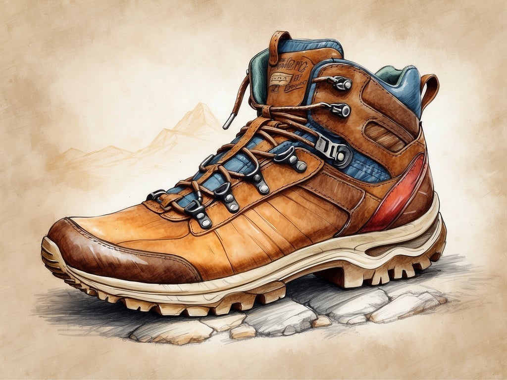 Auf dem Bild ist ein Wanderschuh zu sehen. 

Was eine Frau zum Wandern anziehen sollte, umfasst:

1. **Funktionale Wanderschuhe**: Gut geeignete, wasserdichte und rutschfeste Schuhe sind wichtig, um den Fuß zu stabilisieren und Verletzungen zu vermeiden.
2. **Atmungsaktive Kleidung**: Funktionsshirts aus Kunstfasern oder Merinowolle, die den Schweiß abtransportieren.
3. **Wandernähre Hosen**: Bequeme, flexible Hosen oder Shorts, die Bewegungsfreiheit bieten.
4. **Lagenprinzip**: Eine warme Jacke oder Fleece, die einfach an- und ausgezogen werden kann, je nach Wetterbedingungen.
5. **Zubehör**: Eine Mütze oder ein Hut für Sonnenschutz und eventuell Handschuhe, wenn es kühler ist.
6. **Sonnenbrille und Sonnencreme**: Zum Schutz vor UV-Strahlen.

Diese Kleidung sorgt für Komfort und Sicherheit beim Wandern.
