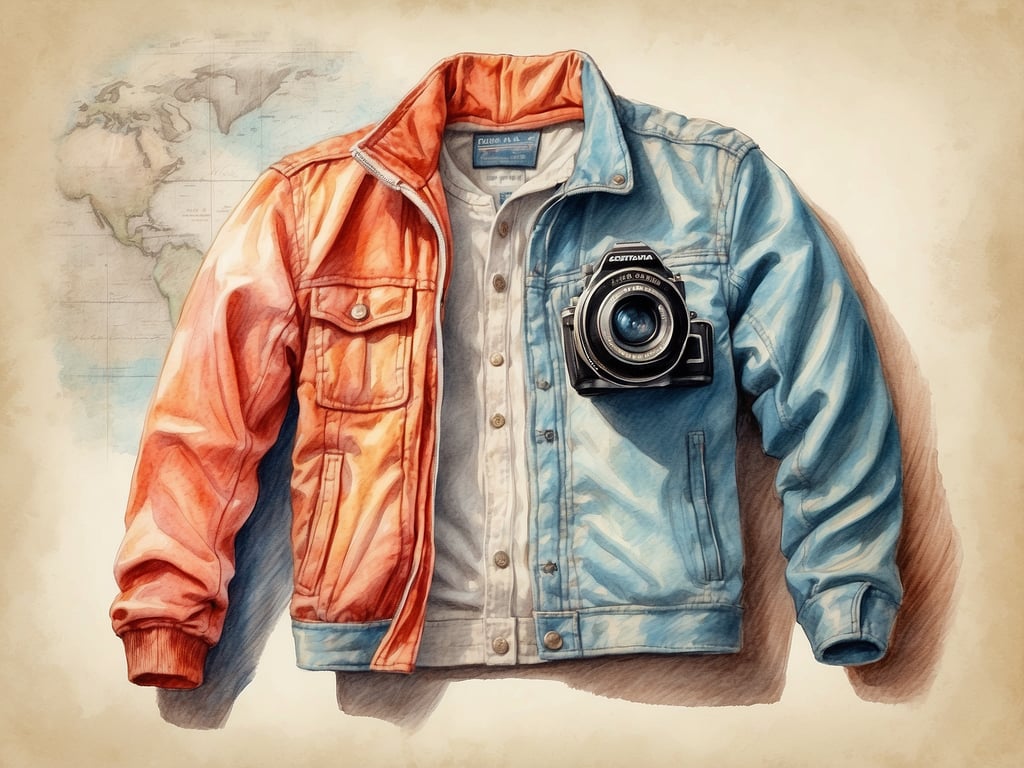 Auf dem Bild ist eine bunte Jacke mit einer Kamera zu sehen. Wenn du eine Kreuzfahrt machst, solltest du folgende Dinge mitnehmen:

1. **Kleidung**: Bequeme und wettergerechte Kleidung, inklusive einer leichten Jacke.
2. **Kamera**: Für das Festhalten von Erinnerungen.
3. **Sonnenschutzmittel**: Schutz vor der Sonne, besonders auf dem offenen Deck.
4. **Schwimmsachen**: Für den Pool oder den Strand.
5. **Reiseapotheke**: Erste-Hilfe-Set und Medikamente.
6. **Bequeme Schuhe**: Für Ausflüge an Land.
7. **Unterhaltung**: Bücher oder Musik für die entspannenden Tage auf See.

Diese Dinge helfen dir, deine Kreuzfahrt in vollen Zügen zu genießen!