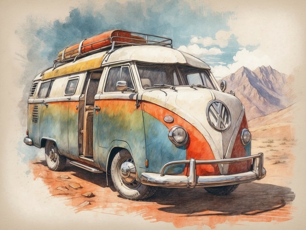 Auf dem Bild ist ein bunt lackierter VW Bulli zu sehen, der in einer landschaftlichen Umgebung steht, möglicherweise in der Wüste oder in den Bergen.

Wenn man einen Mountainbike-Urlaub plant, sollte man folgende Punkte beachten:

1. **Routenplanung**: Informiere dich im Voraus über geeignete Strecken und Trails in der Region.
2. **Ausrüstung**: Überprüfe dein Mountainbike, stelle sicher, dass es in gutem Zustand ist, und packe Ersatzteile sowie Werkzeug ein.
3. **Sicherheit**: Trage immer einen Helm und geeignete Schutzkleidung. Informiere jemanden über deine Pläne.
4. **Unterkunft**: Plane im Voraus, wo du übernachten willst, ob in einem Zelt, Hostel oder Hotel.
5. **Ernährung**: Nimm ausreichend Snacks und Wasser mit, um während der Fahrt gut versorgt zu sein.
6. **Wetterbedingungen**: Achte auf die Wettervorhersage und sei bereit, deine Pläne entsprechend anzupassen.
7. **Natur respektieren**: Halte dich an die Regeln der Region und hinterlasse keine Spuren.