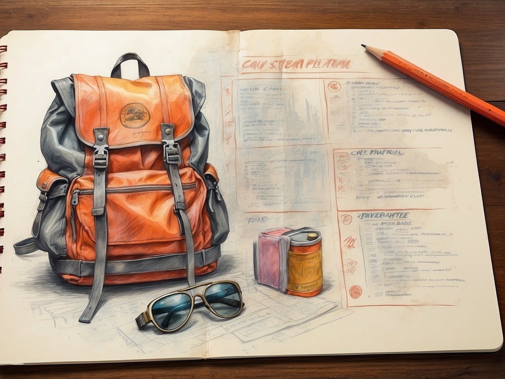 Auf dem Bild ist ein Zeichenblock mit einer Skizze eines orangefarbenen Rucksacks, einer Getränkedose und einer Sonnenbrille zu sehen. 

Bei einer MSC Kreuzfahrt sollte man Folgendes beachten:

1. **Buchung und Reiseunterlagen**: Überprüfen Sie vor der Abfahrt alle Buchungsunterlagen und Dokumente.
2. **Gepäckbestimmungen**: Informieren Sie sich über die Gepäckrichtlinien der Reederei.
3. **Einchecken**: Planen Sie genügend Zeit für das Einchecken am Hafen ein.
4. **Kleidung**: Packen Sie angemessene Kleidung für verschiedene Anlässe und Wetterbedingungen.
5. **Gesundheit und Sicherheit**: Achten Sie auf die gesundheitlichen Vorschriften, einschließlich Impfungen.
6. **Ausflüge und Aktivitäten**: Informieren Sie sich über die angebotenen Landausflüge und Aktivitäten an Bord.
7. **Kommunikation**: Klären Sie die Möglichkeiten zur Nutzung von WLAN oder Mobilfunkdiensten.
8. **Zahlungssystem**: Machen Sie sich mit dem Bordzahlungssystem und Ihren Ausgaben vertraut. 

Diese Punkte helfen Ihnen, eine angenehme Kreuzfahrt zu erleben.