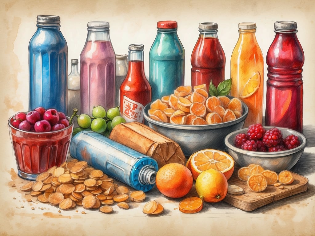 Auf dem Bild sind verschiedene Getränke und Snacks zu sehen, darunter Flaschen in verschiedenen Farben, Obst wie Mandarinen und Orangen, sowie eine Schüssel mit Beeren und Nüssen.

Beim Wandern sollte man folgendes essen:

1. **Obst**: Frisches Obst wie Äpfel, Bananen oder Mandarinen sind leicht und bringen schnelle Energie.
2. **Nüsse**: Sie sind reich an Eiweiß und gesunden Fetten, perfekt für einen schnellen Snack.
3. **Energieriegel**: Praktisch und energiereich, ideal für längere Touren.
4. **Trockenfrüchte**: Sie sind leicht zu tragen und liefern viel Energie.
5. **Wasser**: Ausreichend Flüssigkeit ist wichtig, um hydratisiert zu bleiben. 

Diese Optionen sind nährstoffreich und helfen, die Energie während des Wanderns aufrechtzuerhalten.