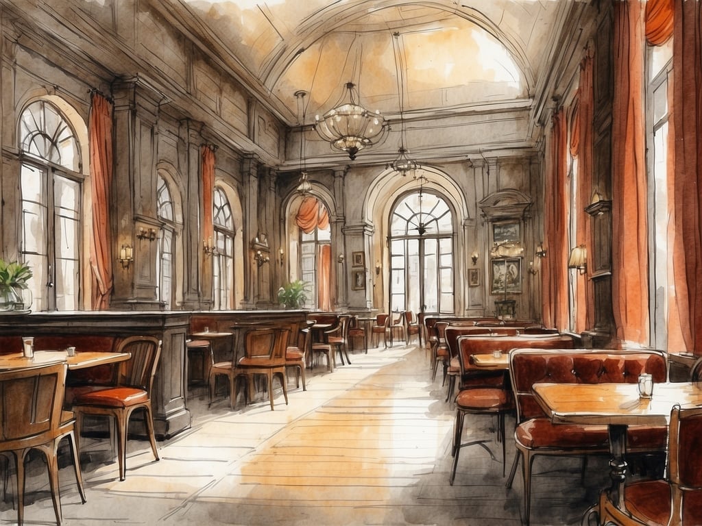 Auf dem Bild ist ein elegantes Café oder Restaurant mit gemütlichen Holztischen und Stühlen zu sehen. Die Wände sind geschmackvoll gestaltet, und es gibt große Fenster mit Vorhängen. 

Wenn es in München regnet, ist solch ein Ort ideal, um sich zurückzulehnen, eine Tasse Kaffee oder Tee zu genießen und die Atmosphäre zu genießen. Man kann in Ruhe ein Buch lesen oder mit Freunden plaudern. Außerdem kann man die bayerische Küche in einem der vielen traditionellen Lokale ausprobieren, die oft eine einladende Innenausstattung haben.
