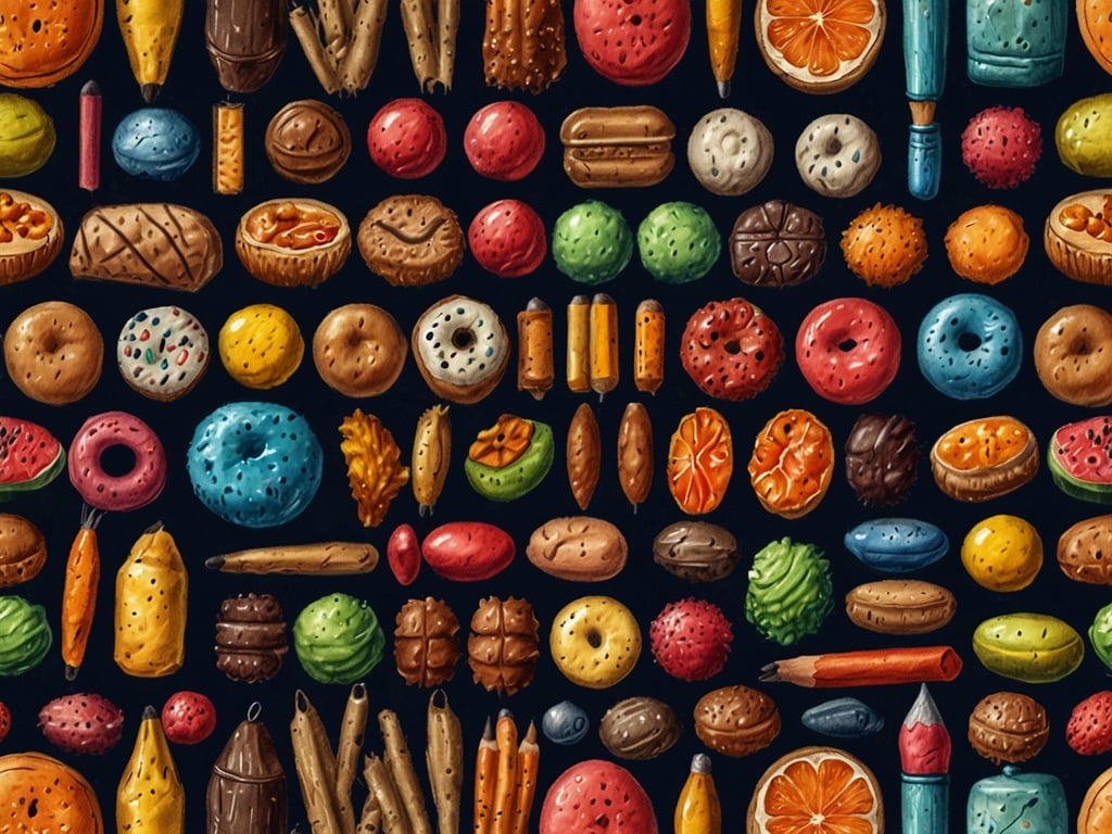 Auf dem Bild sind viele verschiedene Snacks und Süßigkeiten zu sehen, darunter Kekse, Donuts, bunte Bonbons und fruchtige Leckereien. Wenn du in den USA bist, solltest du unbedingt die vielfältigen amerikanischen Süßigkeiten wie Reese's Peanut Butter Cups, S'mores und verschiedene Donuts kaufen.