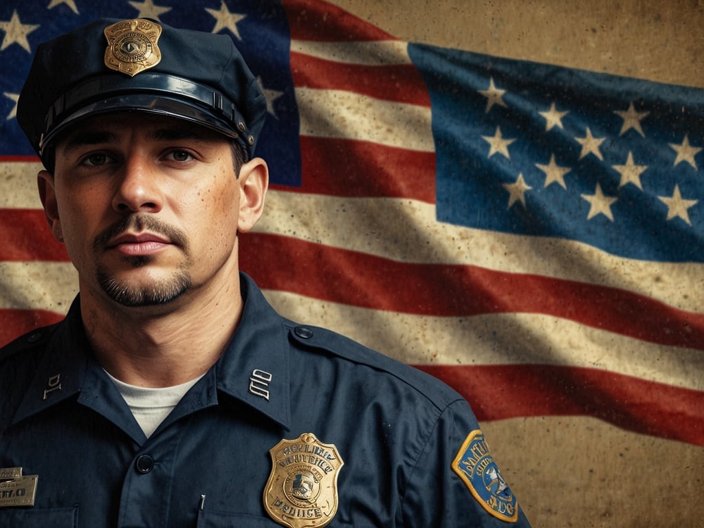 Auf dem Bild ist ein Polizist zu sehen, der vor einer amerikanischen Flagge steht. 

Was die Verdienstmöglichkeiten betrifft, variiert das Gehalt von Polizisten in den USA je nach Bundesstaat, Stadt und Erfahrung. Im Durchschnitt liegt das Jahresgehalt eines Polizisten bei etwa 50.000 bis 70.000 US-Dollar, kann jedoch in großen Städten auch höher sein.