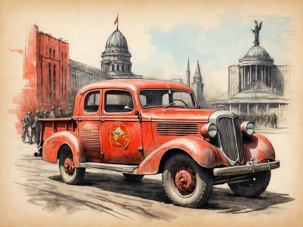 Auf dem Bild ist ein rotes Auto zu sehen, das in einem städtischen Umfeld steht. Im Hintergrund erkennt man einige Gebäude, die möglicherweise historisch sind, sowie eine Gruppe von Menschen, die auf der Straße sind.

Die Berlin-Blockade war eine Krise während des Kalten Krieges, die von Juni 1948 bis Mai 1949 dauerte. Sie begann, als die Sowjetunion alle Zufahrtswege zu Westeuropa und West-Berlin blockierte, um Druck auf die Westmächte auszuüben und die Kontrolle über ganz Berlin zu übernehmen. In Reaktion darauf organisierten die Westalliierten eine Luftbrücke, um die Bevölkerung West-Berlins mit Lebensmitteln und anderen dringend benötigten Gütern zu versorgen. Dies war ein symbolischer Moment im frühen Kalten Krieg, der die Teilung Berlins und die Spannungen zwischen Ost und West verstärkte.