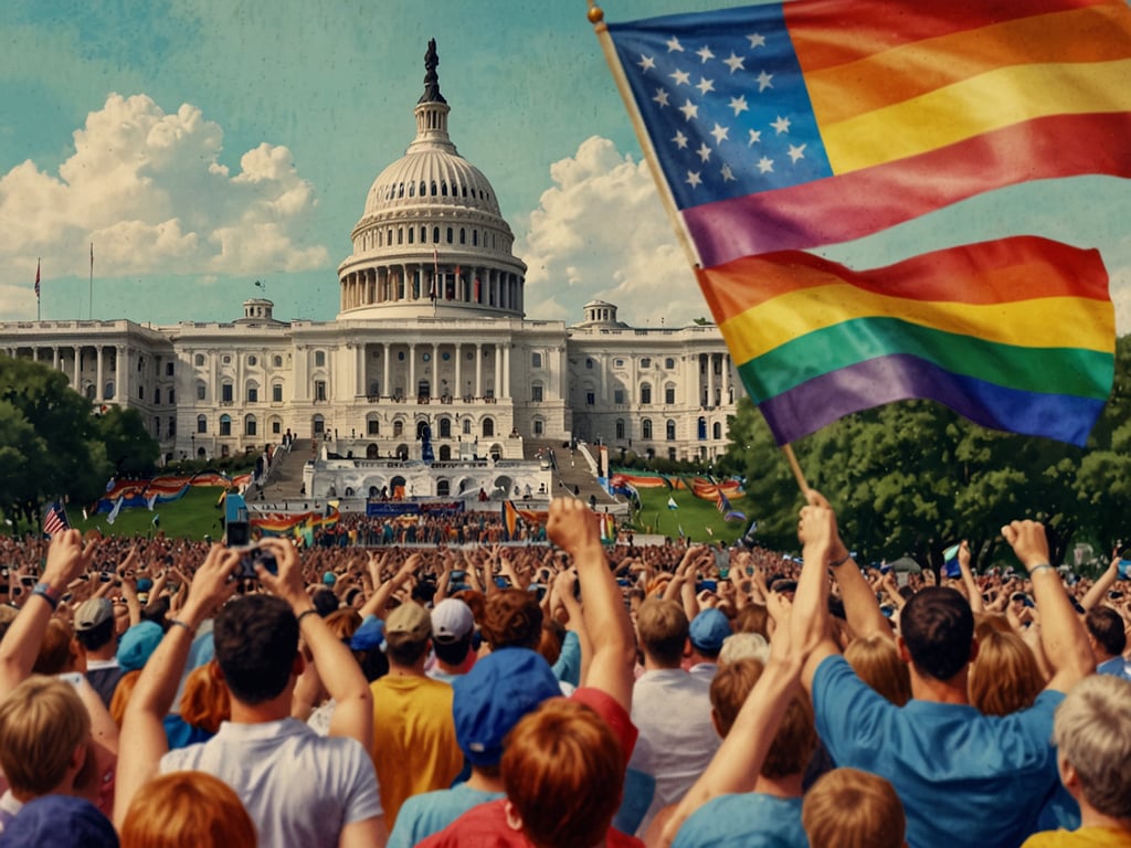 Auf dem Bild ist eine große Menschenmenge zu sehen, die vor dem Kapitol in Washington D.C. versammelt ist. Viele Teilnehmer halten Regenbogenflaggen hoch, was auf eine Feier der LGBTQ+ Gemeinschaft hinweist. Das Szenario deutet darauf hin, dass es sich um ein Pride-Event handelt, das typischerweise im Juni stattfindet. Solche Veranstaltungen sind eine Möglichkeit, die Vielfalt zu feiern und auf die Rechte der LGBTQ+-Gemeinschaft aufmerksam zu machen.