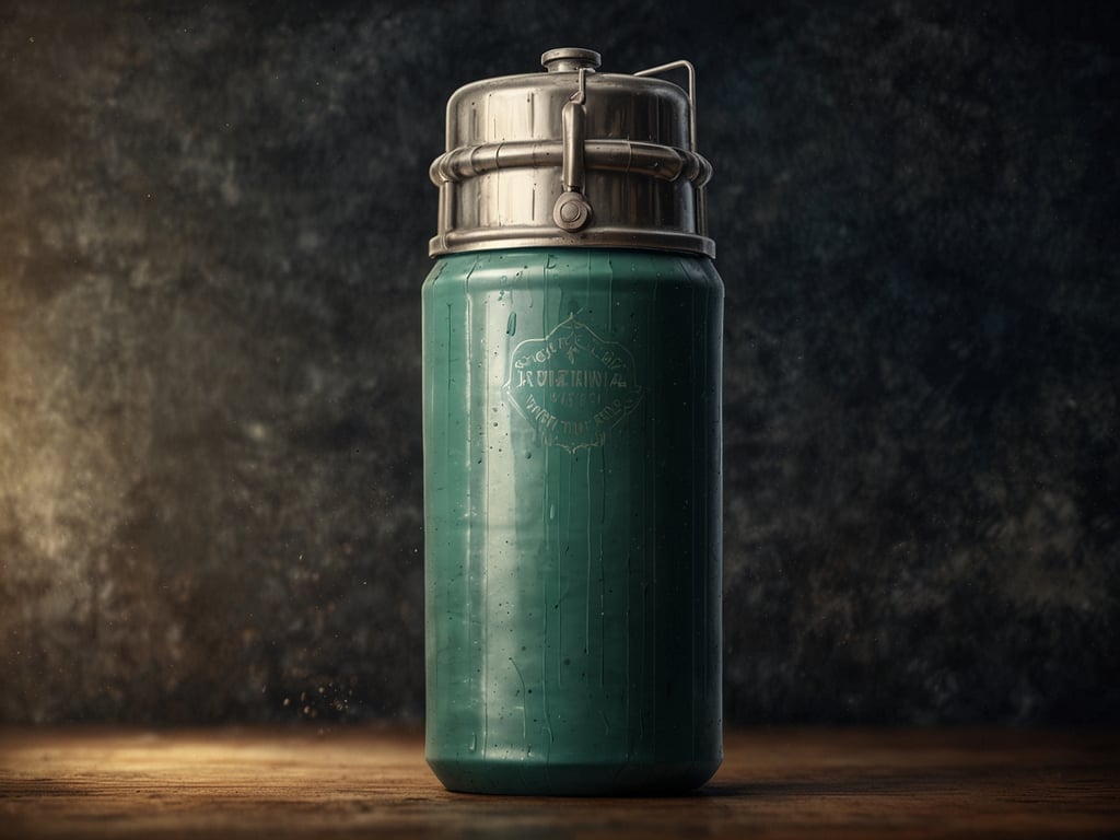 Auf dem Bild ist eine Wasserflasche oder Thermoskanne zu sehen, die grün ist und einen metallischen Deckel hat. Es handelt sich um ein robustes Gefäß, das wahrscheinlich für die Aufbewahrung von Flüssigkeiten, möglicherweise mit einem integrierten Wasserfilter, verwendet wird. Die Trinkflasche sieht aus, als könnte sie für Outdoor-Aktivitäten oder Reisen geeignet sein.