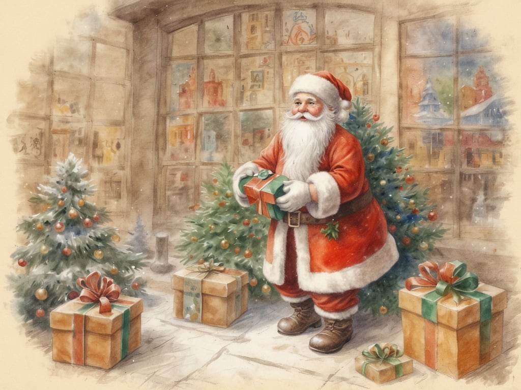 Auf dem Bild ist eine weihnachtliche Szene zu sehen, die einen freundlichen Weihnachtsmann zeigt, der ein Geschenk hält. Um ihn herum stehen geschmückte Weihnachtsbäume und Geschenke sind auf dem Boden platziert. Diese Darstellung spiegelt viele Weihnachtstraditionen weltweit wider.

In vielen Kulturen, wie etwa in den USA und Deutschland, bringt der Weihnachtsmann, auch bekannt als Santa Claus oder Nikolaus, Geschenke zu den Kindern. In anderen Ländern, wie Spanien, wird am 6. Januar, dem Tag der Heiligen Drei Könige, gefeiert, und die Geschenke werden an diesem Tag verteilt. Traditionen können sich auch in Bezug auf Dekorationen unterscheiden; zum Beispiel sind in Mexiko farbenfrohe Piñatas verbreitet, während in Italien das Fest der Epiphanie mit der figura der 