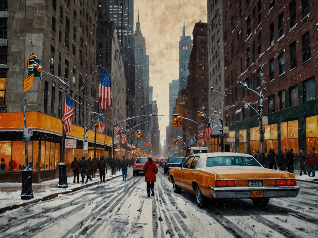 Auf dem Bild ist eine schneebedeckte Straße in New York zu sehen, die festlich und winterlich wirkt. Die verschnörkelten, hohen Gebäude bilden eine beeindruckende Kulisse, während die amerikanischen Flaggen wehen. Verschiedene Menschen sind unterwegs, einige in Winterkleidung, was auf die kalte Jahreszeit hinweist. Ein gelbes Taxi fährt den Weg entlang, und die schneebedeckten Gehwege laden zum Bummeln ein. Diese Szene vermittelt das Gefühl, in ein echtes Winterwonderland einzutauchen, besonders während der Weihnachtszeit in New York.