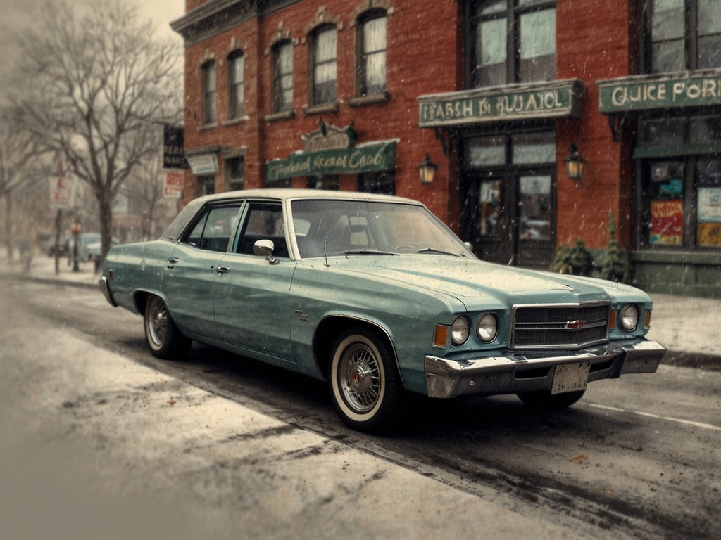 Auf dem Bild ist ein oldtimer Mietwagen zu sehen, der auf einer verschneiten Straße geparkt ist. Die Umgebung wirkt winterlich und nostalgisch. Nutzen Sie die Weihnachtsferien, um einen Mietwagen jetzt bis zu 20% günstiger zu buchen!