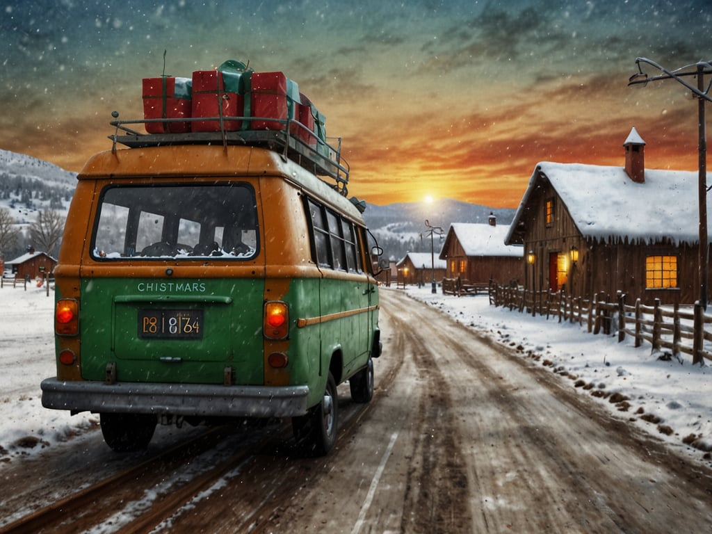 Auf dem Bild ist ein gemütlicher Winterweg zu sehen, der von schneebedeckten Hütten gesäumt ist. Ein grüner Lieferwagen, auf dem Geschenke gestapelt sind, fährt die Straße entlang. Der Himmel zeigt einen warmen Sonnenuntergang, der eine festliche Stimmung erzeugt, während einzelne Schneeflocken fallen. 

**Weihnachtsreisen 2024: So machst du die beste Saisonreise** – nutze solch eine malerische Umgebung für deinen nächsten Winterurlaub! Plane rechtzeitig, um die besten Unterkünfte zu sichern, und denk daran, eine Liste von Aktivitäten aufzustellen, wie Schneemannbauen, Schlittenfahren oder Weihnachtsmärkte besuchen. Ein Roadtrip mit Freunden oder Familie im winterlichen Ambiente wird sicher zu unvergesslichen Erinnerungen führen!