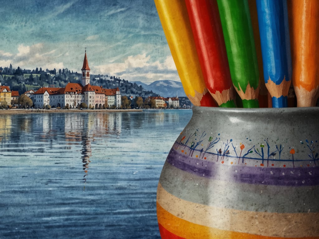 Auf dem Bild ist eine kreative Darstellung des Bodensees zu sehen. Im Hintergrund erkennt man eine malerische Stadtlandschaft am Ufer des Sees, mit charakteristischen Gebäuden und einem markanten Kirchturm, umgeben von sanften Hügeln. Im Vordergrund stehen bunte Buntstifte in einem kunstvoll gestalteten Behälter, die den Eindruck von Kreativität und Lebensfreude vermitteln. Diese Szenerie lässt an die festliche Atmosphäre des **Weihnachtszaubers am Bodensee** denken, wo vier Länder in einem magischen Erlebnis zusammenkommen und die Besucher in eine stimmungsvolle Winterwelt entführen.