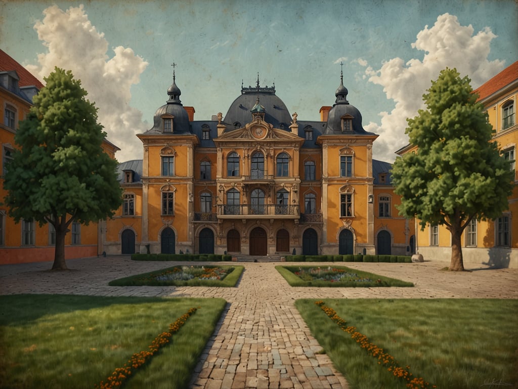 Das Bild zeigt eine prachtvolle Gebäudeansicht, die an die klassische Architektur der Weimarer Altstadt erinnert. Im Vordergrund ist ein großzügiger Innenhof mit gepflegten Gartenanlagen und bunten Blumenbeeten zu sehen. Um den Hof herum erheben sich elegante, historistische Gebäude mit detailreich gestalteten Fassaden und markanten Dachformen. Die warmen Farbtöne des Putzes und die großen Fenster schaffen eine einladende Atmosphäre, die typisch für die Altstadt von Weimar ist. Die Wolken am Himmel verleihen der Szene eine malerische Note und betonen die historische Schönheit dieses Ortes.