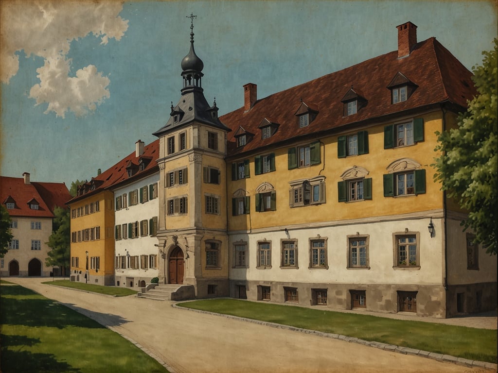 Auf dem Bild sind historische Gebäude zu sehen, die typisch für die Altstadt eines europäischen Städtchens sind. Die Architektur zeigt Elemente aus verschiedenen Epochen, wie zum Beispiel den barocken Baustil mit der auffälligen Turmspitze und den bunten Fassaden. Gut erhaltene Fenster und Türen mit kunstvollen Details deuten auf die Geschichte und Bedeutung der Gebäude hin. Der gepflegte Platz und die Wege laden dazu ein, die Umgebung zu erkunden und die Architektur zu bewundern. Solche Plätze sind oft zentrale Punkte in Altstädten, die für kulturelle und gesellschaftliche Aktivitäten genutzt werden.