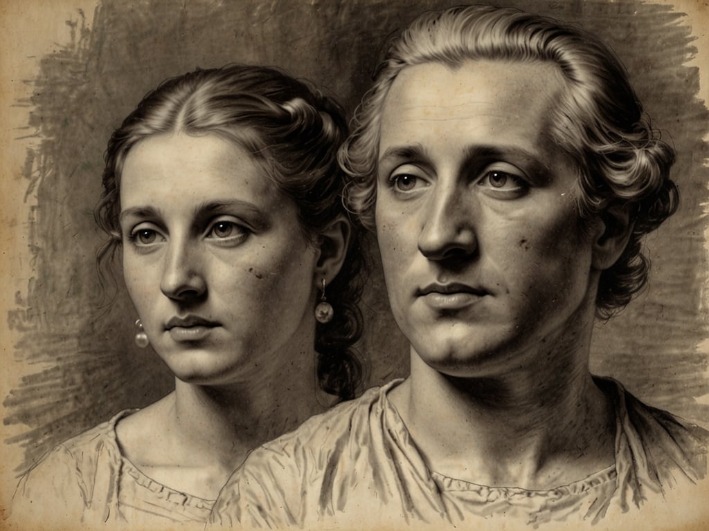 Auf dem Bild erscheinen zwei Figuren, deren Gesichter in einer stillen Aura der Betrachtung eingefangen sind. Ihre Mienen strahlen eine nachdenkliche Ruhe aus, als wollten sie die Geheimnisse der menschlichen Existenz ergründen. Dies erinnert an die Worte von Hölderlin, der in seinen Gedichten oft das Streben nach Wahrheit und das Ringen um das Verhältnis von Mensch und Natur thematisiert.

In der Pose und im Blick der beiden könnte man den Geist der Weimarer Klassik wittern, wo die Idee der Harmonie und der Einheit von Geist und Materie eine tragende Rolle spielt. Die elegante Schlichtheit der Kleidung und der Ausdruck deuten auf eine zeitlose Schönheit hin, die auch in Goethes 