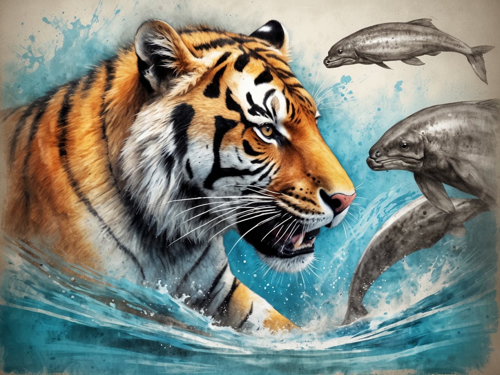 Auf dem Bild ist ein Tiger zu sehen, der im Wasser schwimmt, umgeben von einigen Fischen. Es handelt sich um eine künstlerische Darstellung, die lebendig und dynamisch wirkt. Dies hat jedoch keinen Bezug zu 
