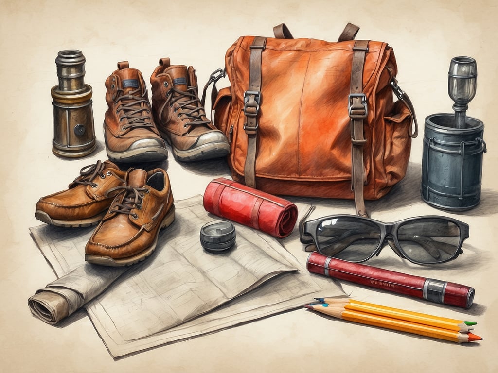 Auf dem Bild sind verschiedene Gegenstände zu sehen, die für einen Roadtrip nützlich sind:

1. **Rucksack**: Ideal zum Transportieren von Sachen.
2. **Schuhe**: Bequeme, robuste Schuhe sind wichtig für Erkundungen.
3. **Karten und Notizmaterial**: Zum Planen der Route und Festhalten von Erlebnissen.
4. **Sonnenbrille**: Schutz vor Sonne während der Fahrt und beim Stoppen.
5. **Wasserflasche**: Essentiell, um hydratisiert zu bleiben.
6. **Stift und Buntstifte**: Für Notizen oder kreative Aktivitäten unterwegs.

Diese Ausstattungsgegenstände tragen dazu bei, dass der Roadtrip angenehm und gut organisiert verläuft.