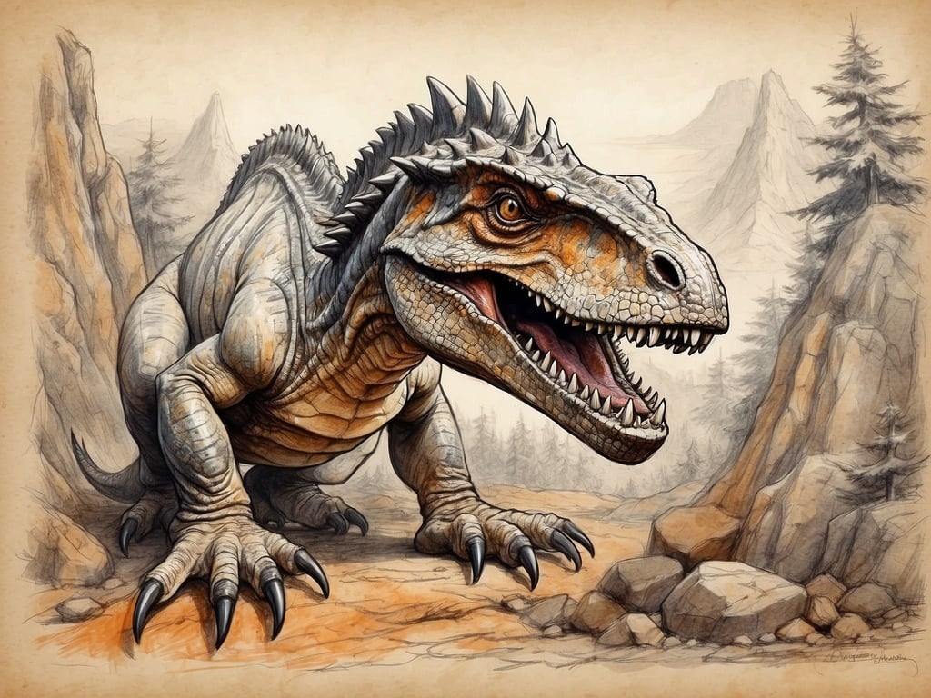 Auf dem Bild ist ein Dinosaurier zu sehen, der stark und beeindruckend wirkt. In Deutschland lebten unter anderem verschiedene Dinosaurierarten, wie der **Plateosaurus**, ein großer Pflanzenfresser aus dem späten Trias, oder der **Compsognathus**, ein kleiner, schneller Fleischfresser aus dem Jura. Auch Funde von **Baryonyx**, einem Raubsaurier mit einem charakteristischen langen, schmalen Schnabel, wurden gemacht.