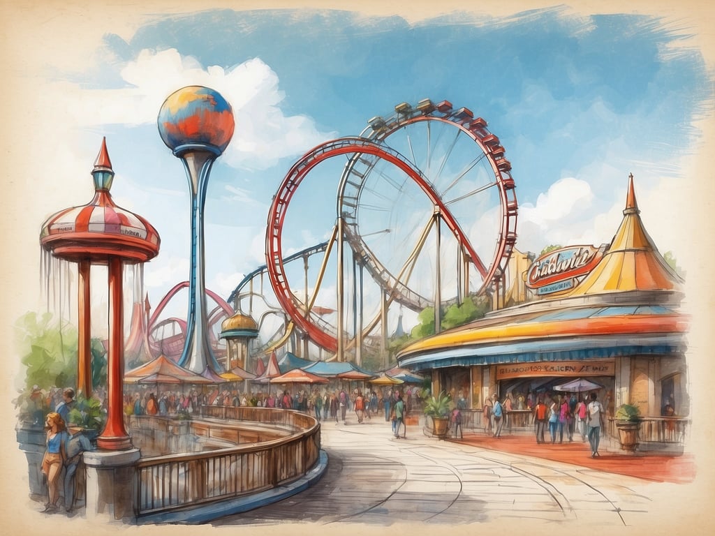 Auf dem Bild ist eine fantasievolle Darstellung eines Freizeitparks zu sehen. Es gibt verschiedene Karussells, Achterbahnen und Attraktionen, die typischerweise in einem Freizeitpark zu finden sind. 

In Deutschland gibt es zahlreiche Freizeitparks, darunter:

1. **Europa-Park** in Rust - Einer der größten Freizeitparks in Europa mit vielen Themenbereichen und Attraktionen.
2. **Phantasialand** in Brühl - Bekannt für seine thematisierten Fahrgeschäfte und Shows.
3. **Legoland Deutschland** in Günzburg - Speziell für Familien mit Kindern und LEGO-Fans.
4. **Heide Park** in Soltau - Bietet aufregende Achterbahnen und Attraktionen in einer schönen Umgebung.
5. **Movie Park Germany** in Bottrop - Ein Film- und Freizeitpark mit Attraktionen basierend auf bekannten Filmen.

Diese Parks bieten eine große Auswahl an Fahrgeschäften, Shows und Freizeitaktivitäten für Besucher jeden Alters.