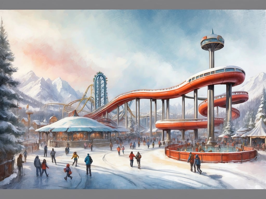 Auf dem Bild ist eine winterliche Freizeitparklandschaft zu sehen, mit verschneiten Bergen im Hintergrund und Besuchern, die durch den Park schlendern. Es gibt verschiedene Attraktionen, darunter eine Achterbahn und ein Karussell. Um das winterliche Ambiente zu unterstreichen, ist die gesamte Szene in sanften, kalten Farben gehalten.

Zu den Freizeitparks, die auch im Winter geöffnet haben, gehören zum Beispiel der **Europa-Park** in Deutschland und der **Liseberg** in Schweden. Viele Freizeitparks bieten in der Wintersaison besondere Veranstaltungen oder thematische Märkte an.