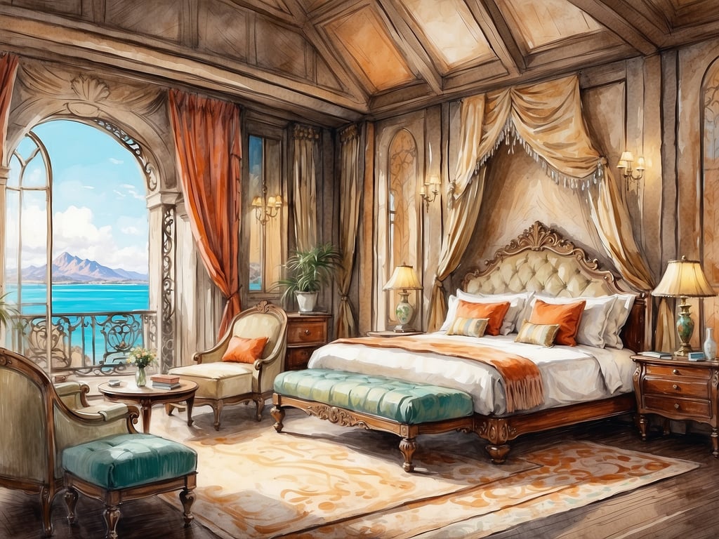 Auf dem Bild ist ein luxuriöses Hotelzimmer mit Blick auf das Meer zu sehen. Es hat eine elegante Einrichtung mit einem großen Bett, bequemen Sitzen und ansprechenden Farben.

In der Serie „Traumhotel“ gibt es verschiedene Hotels, darunter:

1. **Traumhotel in der Toskana**
2. **Traumhotel in Thailand**
3. **Traumhotel in der Karibik**
4. **Traumhotel in Namibia**
5. **Traumhotel in Marokko**

Jedes Hotel bietet eine einzigartige Kulisse und Atmosphäre.