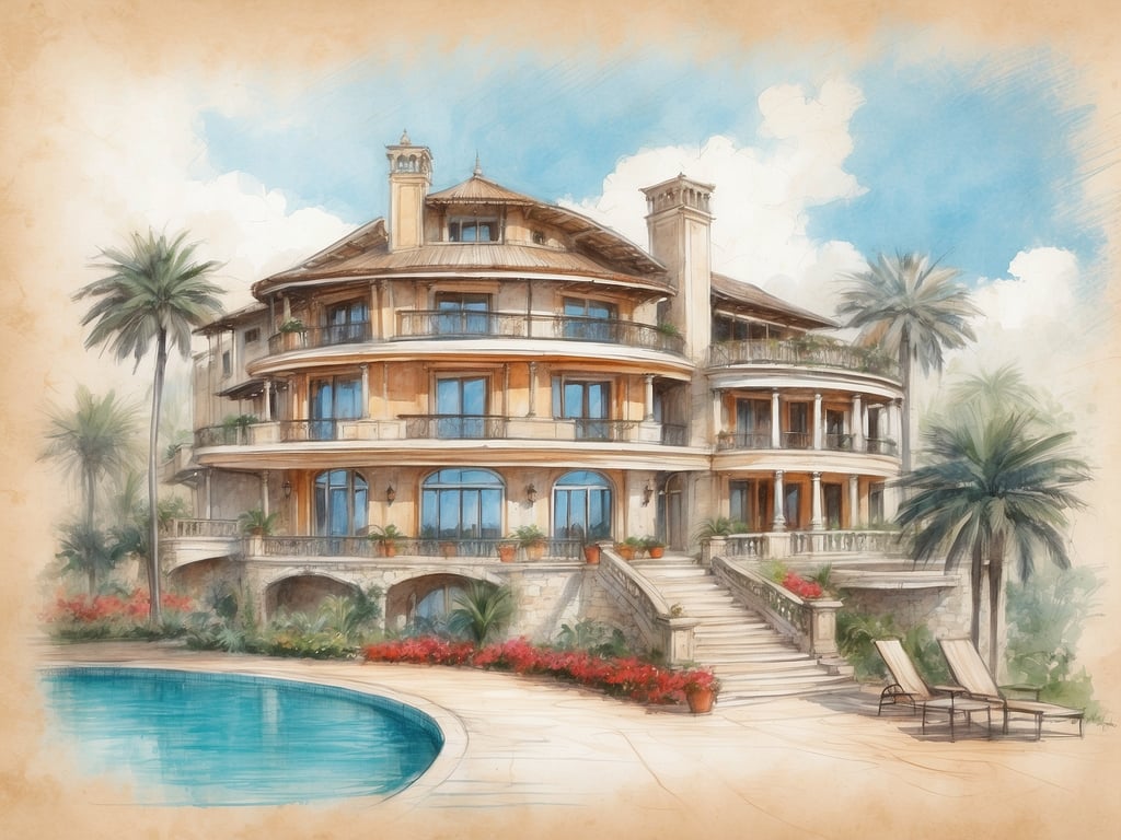 Auf dem Bild ist eine elegante Villa zu sehen, die von einem Pool und üppigen Pflanzen umgeben ist. Die Architektur ist ansprechend mit mehreren Balkonen und großen Fenstern, die viel Licht hereinlassen.

**Welche Hotels muss man gesehen haben?**

1. **Hotel Burj Al Arab, Dubai** – Das ikonische Segel-Hotel ist ein Symbol für Luxus.
2. **Hotel Ritz Paris, Frankreich** – Ein historisches Hotel mit unvergleichlichem Stil und Eleganz.
3. **The Plaza Hotel, New York** – Ein klassisches Hotel mit direktem Blick auf den Central Park.
4. **Mandarin Oriental, Bangkok** – Berühmt für seinen erstklassigen Service und die Lage am Fluss.
5. **Aman Tokyo, Japan** – Ein modernes Hotel, das traditionelle japanische Architektur mit Luxuselementen verbindet.

Diese Hotels sind ein Erlebnis für sich und bieten erstklassige Annehmlichkeiten.
