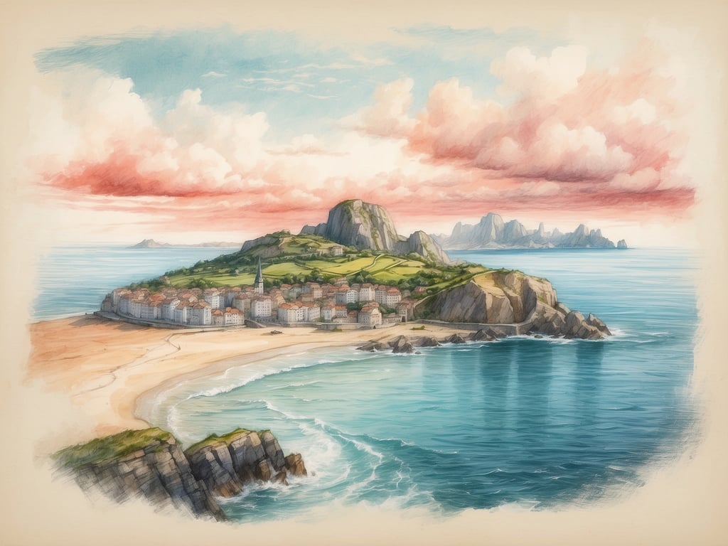 Auf dem Bild ist eine malerische Küstenlandschaft mit einem kleinen Ort zu sehen, der sich an einer Strandbucht erstreckt. Im Hintergrund sind Felsen und weitere Inseln zu erkennen, während der Himmel mit feinen Wolken in sanften Farben lackiert ist.

In der Nordsee gibt es zahlreiche Inseln, darunter die folgenden:

1. **Sylt** – Die größte der nordfriesischen Inseln.
2. **Norderney** – Eine der bekanntesten Ostfriesischen Inseln.
3. **Juist** – Eine ruhige Insel, ideal für Erholung.
4. **Borkum** – Die größte der ostfriesischen Inseln.
5. **Amrum** – Bekannt für seine kilometerlangen Strände.
6. **Föhr** – Eine beliebte Urlaubsinsel mit vielen Freizeitmöglichkeiten.

Diese Inseln zeichnen sich durch ihre natürliche Schönheit und ihre touristischen Angebote aus.